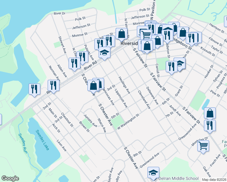map of restaurants, bars, coffee shops, grocery stores, and more near 319 Lippincott Avenue in Riverside