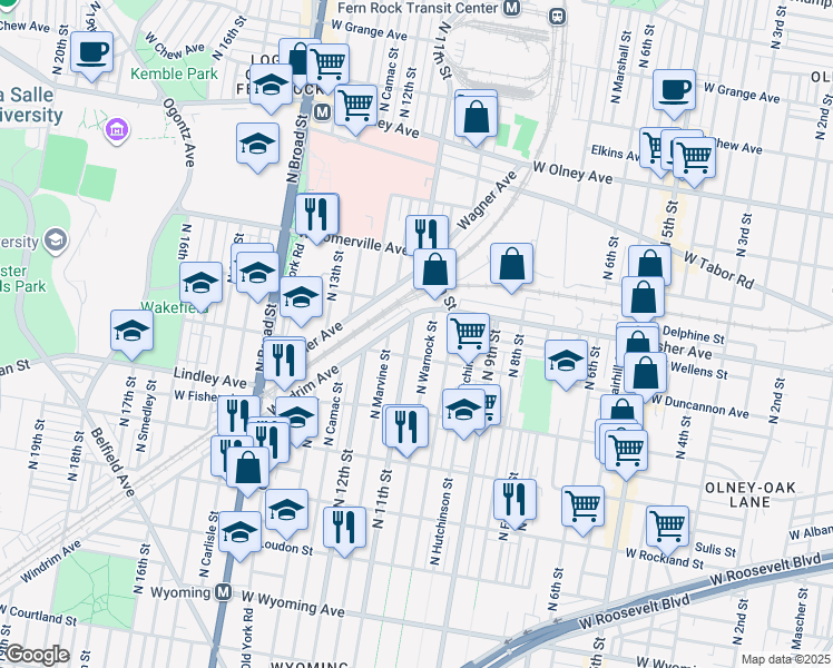 map of restaurants, bars, coffee shops, grocery stores, and more near 5217 North 11th Street in Philadelphia