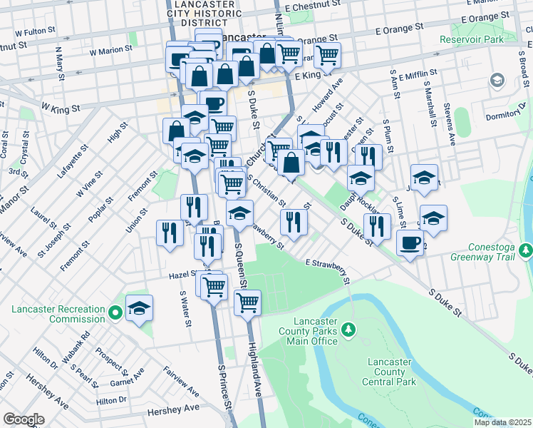 map of restaurants, bars, coffee shops, grocery stores, and more near in Lancaster