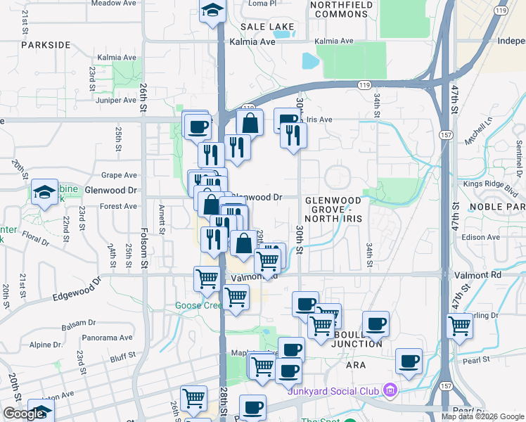 map of restaurants, bars, coffee shops, grocery stores, and more near 3158 29th Street in Boulder