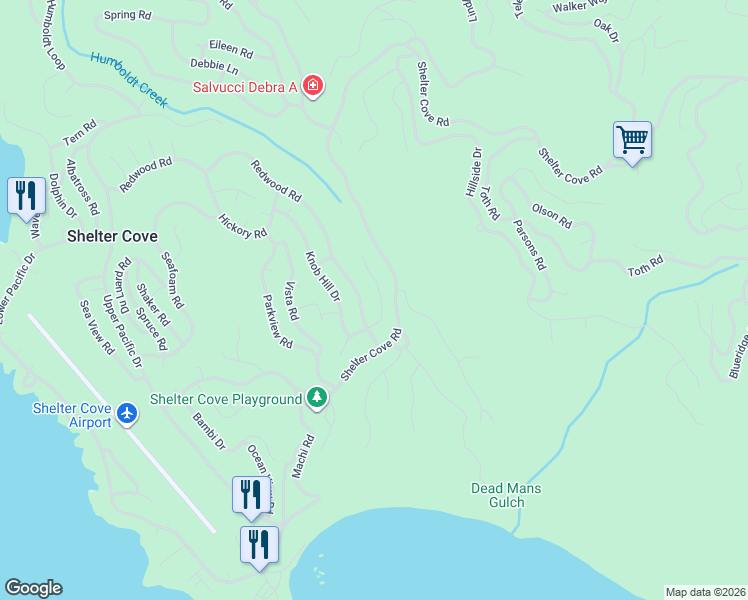 map of restaurants, bars, coffee shops, grocery stores, and more near 479 Nob Hill Court in Whitethorn