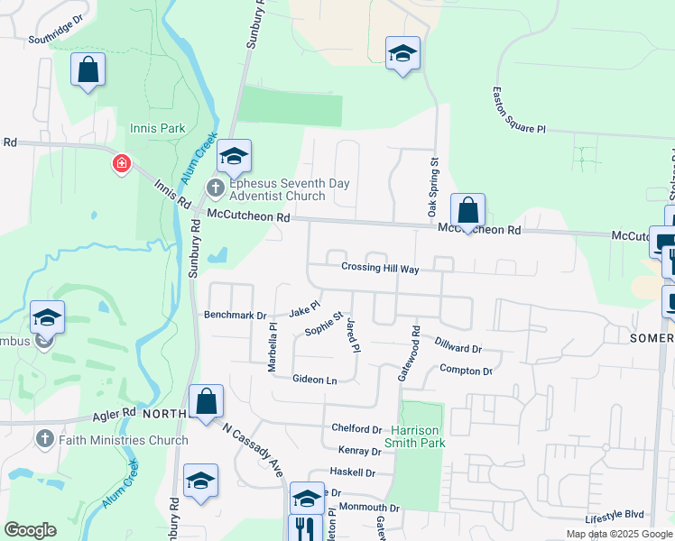map of restaurants, bars, coffee shops, grocery stores, and more near 3203 Crossing Hill Way in Columbus