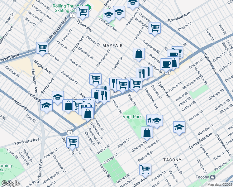 map of restaurants, bars, coffee shops, grocery stores, and more near 6716 Frankford Avenue in Philadelphia