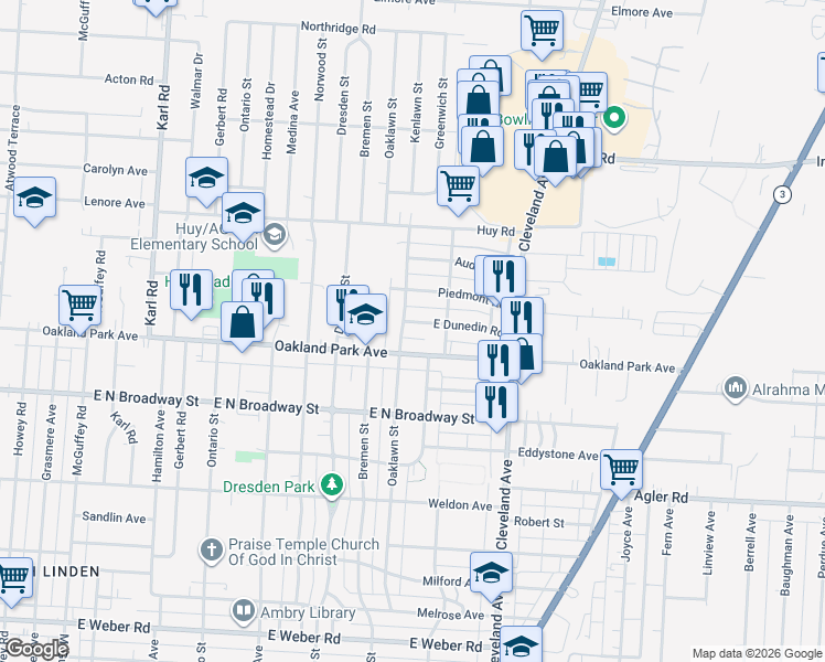 map of restaurants, bars, coffee shops, grocery stores, and more near 1685 East Dunedin Road in Columbus