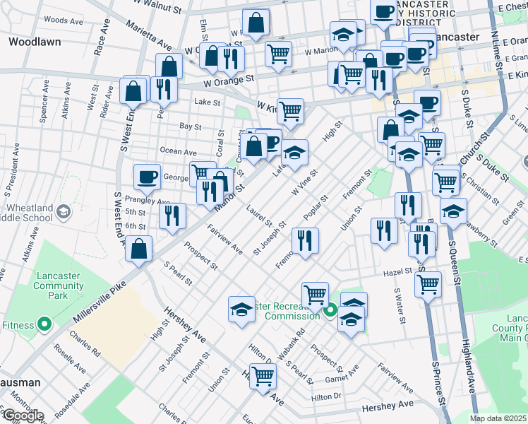 map of restaurants, bars, coffee shops, grocery stores, and more near 674 High Street in Lancaster