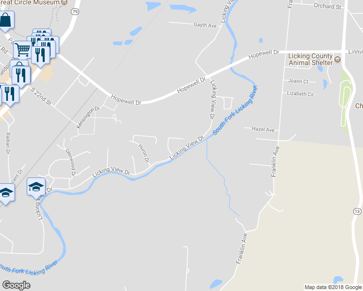 map of restaurants, bars, coffee shops, grocery stores, and more near 650 Licking View Drive in Heath