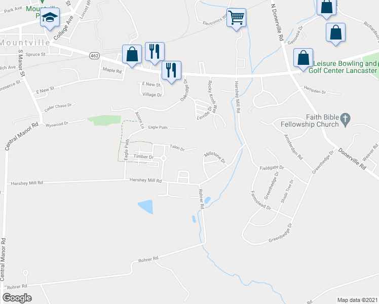 map of restaurants, bars, coffee shops, grocery stores, and more near 491 Talon Drive in Mountville