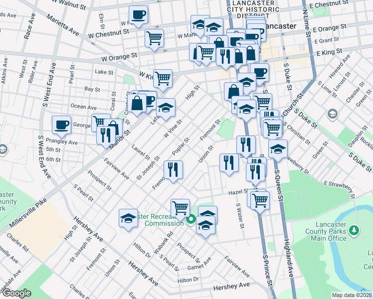 map of restaurants, bars, coffee shops, grocery stores, and more near 617 Fremont Street in Lancaster