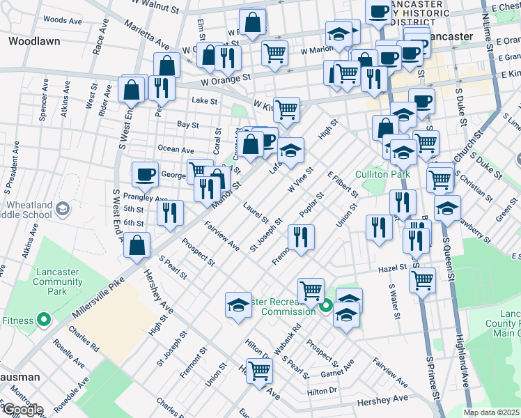 map of restaurants, bars, coffee shops, grocery stores, and more near 674 High Street in Lancaster