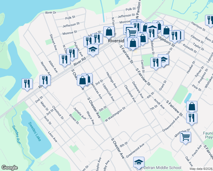 map of restaurants, bars, coffee shops, grocery stores, and more near 319 Lippincott Avenue in Riverside