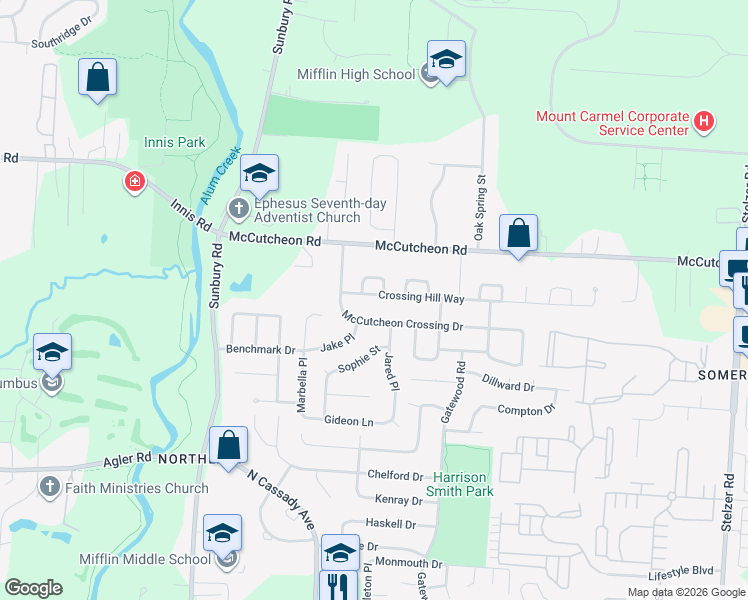 map of restaurants, bars, coffee shops, grocery stores, and more near 3203 Crossing Hill Way in Columbus