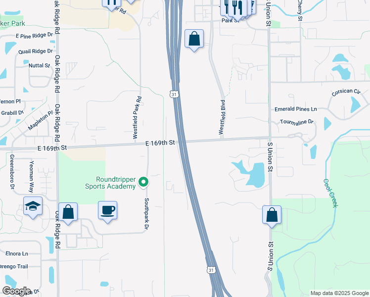 map of restaurants, bars, coffee shops, grocery stores, and more near North Meridian Street in Westfield