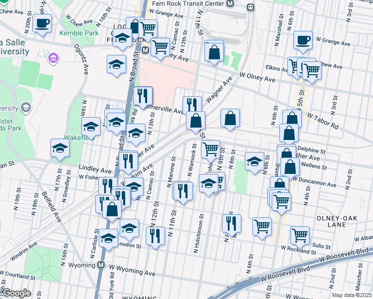 map of restaurants, bars, coffee shops, grocery stores, and more near 5217 North 11th Street in Philadelphia