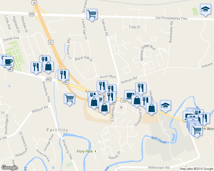 map of restaurants, bars, coffee shops, grocery stores, and more near 24 Acorn Boulevard in Lancaster