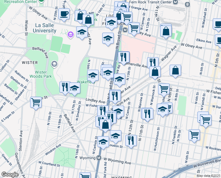 map of restaurants, bars, coffee shops, grocery stores, and more near 5200 North Broad Street in Philadelphia