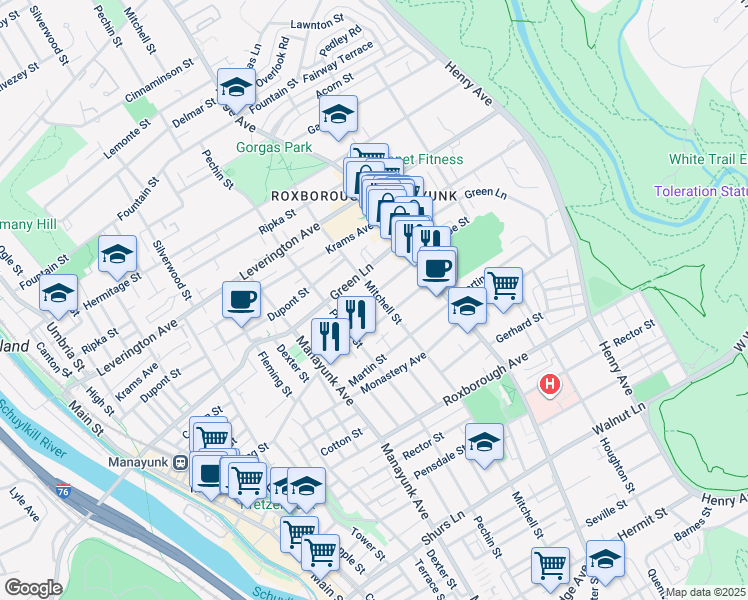 map of restaurants, bars, coffee shops, grocery stores, and more near 4452 Mitchell Street in Philadelphia