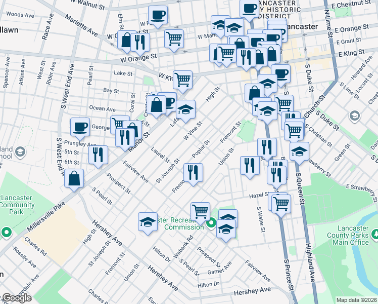 map of restaurants, bars, coffee shops, grocery stores, and more near 642 Saint Joseph Street in Lancaster