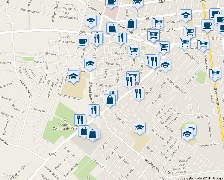map of restaurants, bars, coffee shops, grocery stores, and more near 717 5th Street in Lancaster