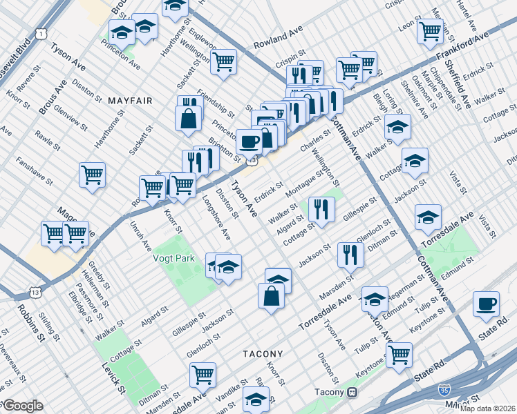 map of restaurants, bars, coffee shops, grocery stores, and more near 4209 Tyson Avenue in Philadelphia