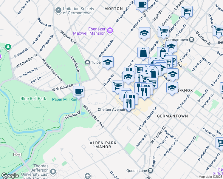 map of restaurants, bars, coffee shops, grocery stores, and more near 515 W Rittenhouse St in Philadelphia