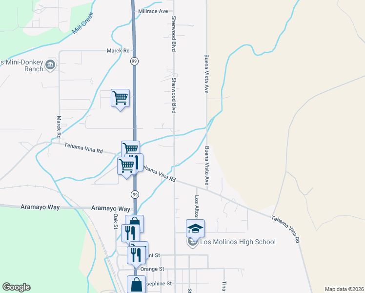 map of restaurants, bars, coffee shops, grocery stores, and more near 8140 Sherwood Boulevard in Los Molinos
