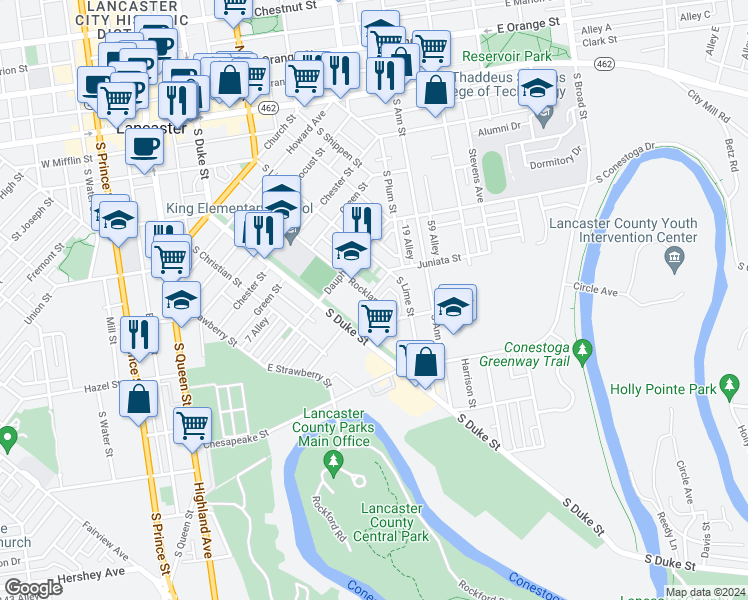 map of restaurants, bars, coffee shops, grocery stores, and more near 716 Rockland Street in Lancaster