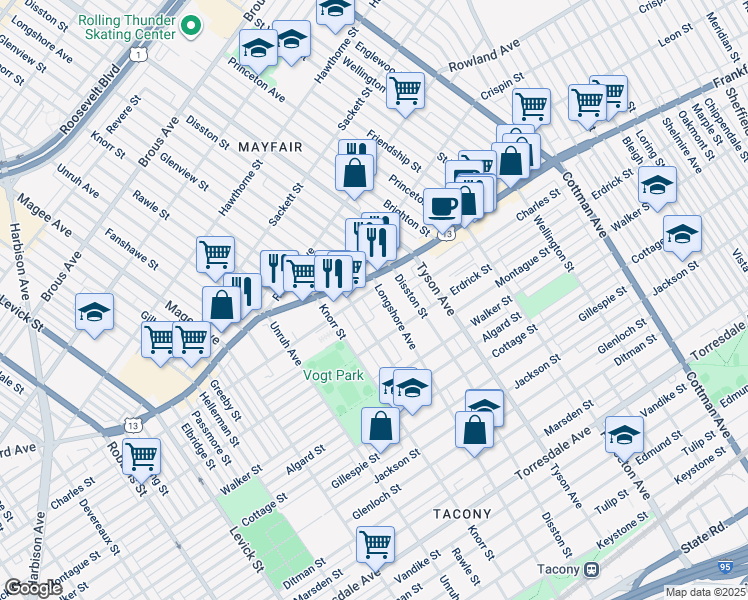 map of restaurants, bars, coffee shops, grocery stores, and more near 4124 Longshore Avenue in Philadelphia