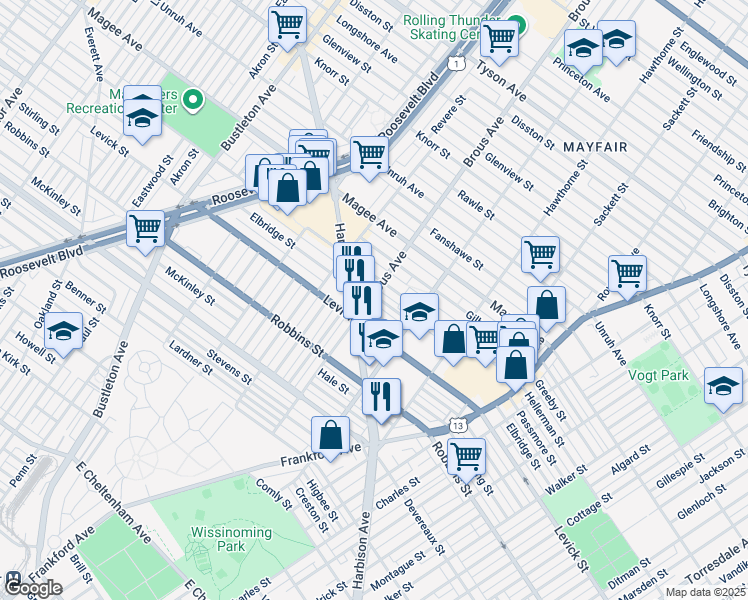 map of restaurants, bars, coffee shops, grocery stores, and more near 2900 Passmore Street in Philadelphia