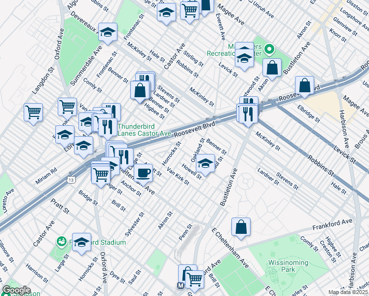 map of restaurants, bars, coffee shops, grocery stores, and more near 1519R East Comly Street in Philadelphia