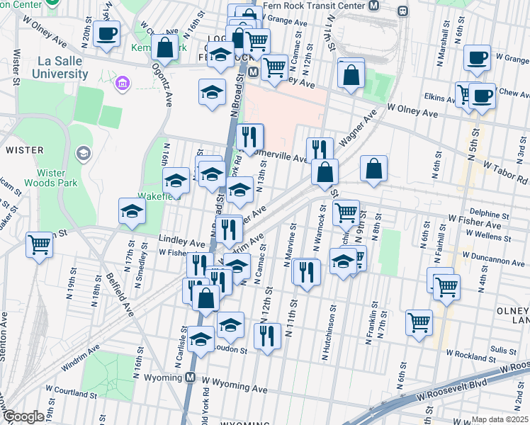 map of restaurants, bars, coffee shops, grocery stores, and more near 1238 Wagner Avenue in Philadelphia