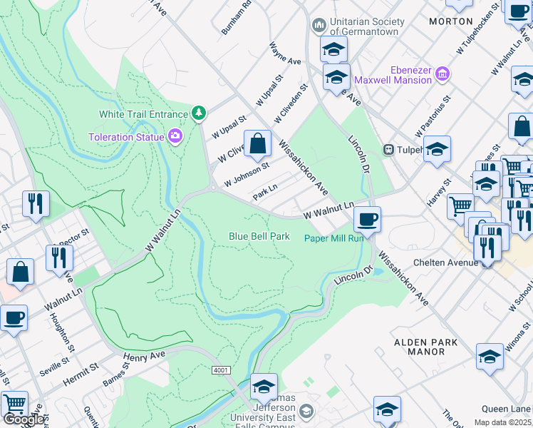 map of restaurants, bars, coffee shops, grocery stores, and more near 691 West Walnut Lane in Philadelphia