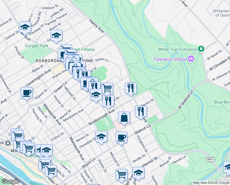 map of restaurants, bars, coffee shops, grocery stores, and more near 5928 Houghton Street in Philadelphia