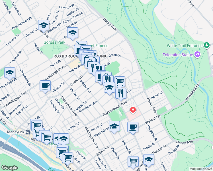 map of restaurants, bars, coffee shops, grocery stores, and more near 6001 Ridge Avenue in Philadelphia