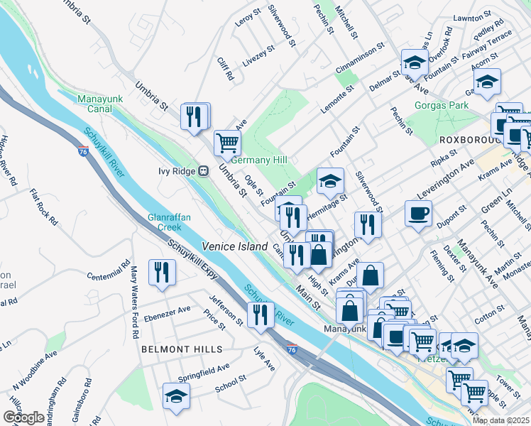 map of restaurants, bars, coffee shops, grocery stores, and more near 4738 Umbria Street in Philadelphia