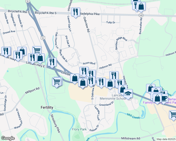 map of restaurants, bars, coffee shops, grocery stores, and more near 24 Acorn Boulevard in Lancaster