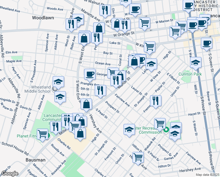 map of restaurants, bars, coffee shops, grocery stores, and more near 612 5th Street in Lancaster