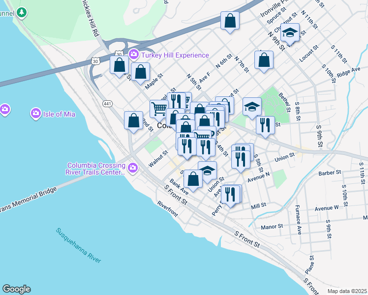 map of restaurants, bars, coffee shops, grocery stores, and more near 8 North 3rd Street in Columbia