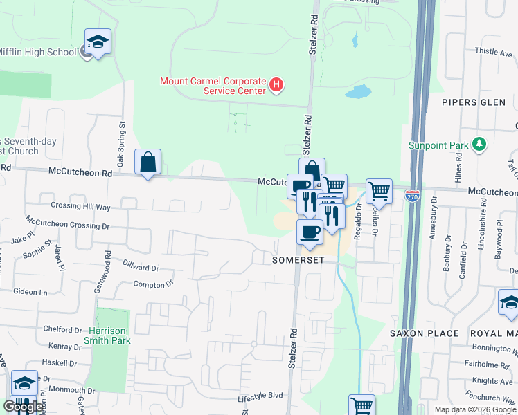 map of restaurants, bars, coffee shops, grocery stores, and more near 2890 Aljor Court in Columbus
