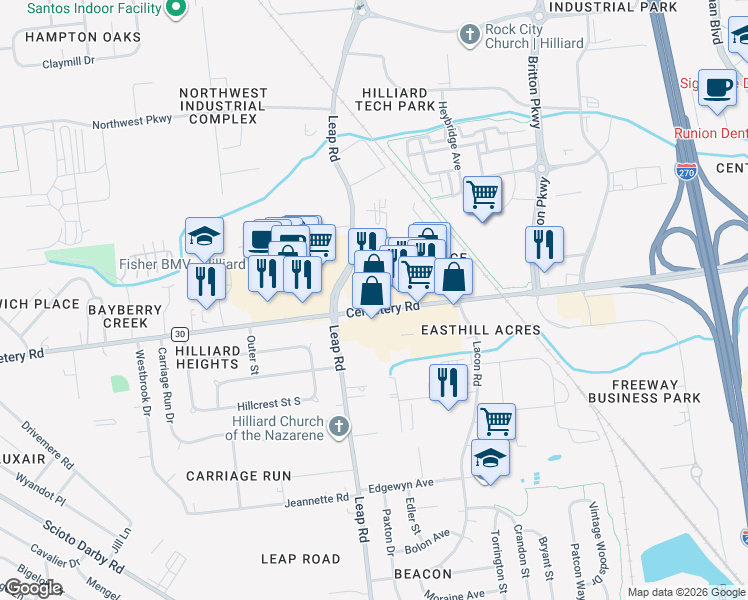 map of restaurants, bars, coffee shops, grocery stores, and more near in Hilliard