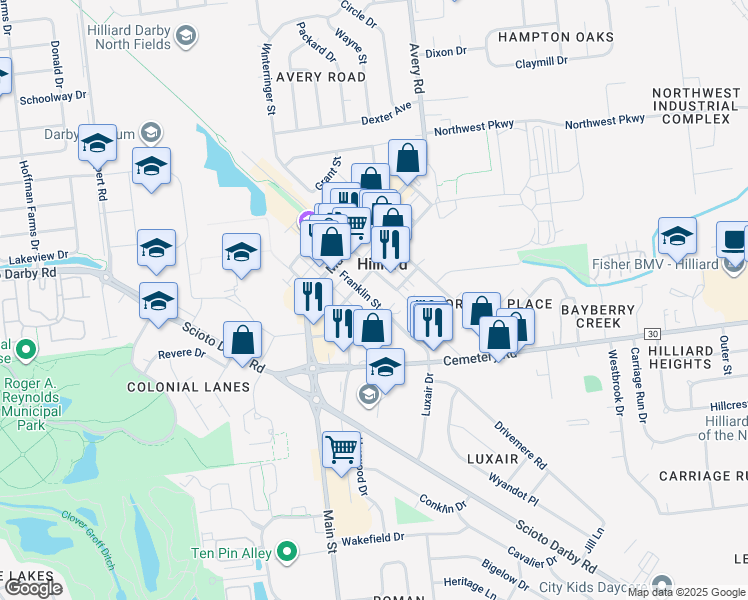 map of restaurants, bars, coffee shops, grocery stores, and more near 5301 Franklin Street in Hilliard