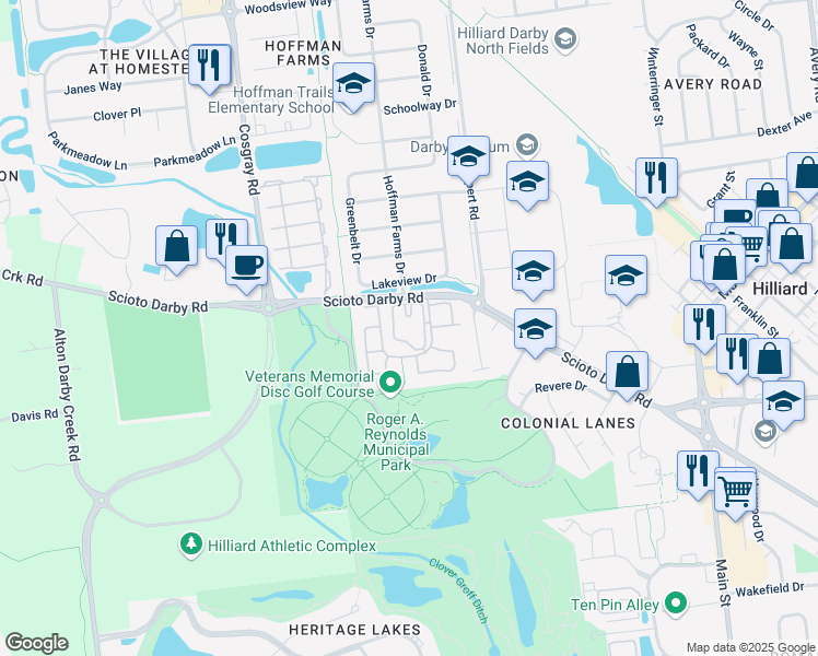 map of restaurants, bars, coffee shops, grocery stores, and more near 3978 Darby Park Road in Hilliard