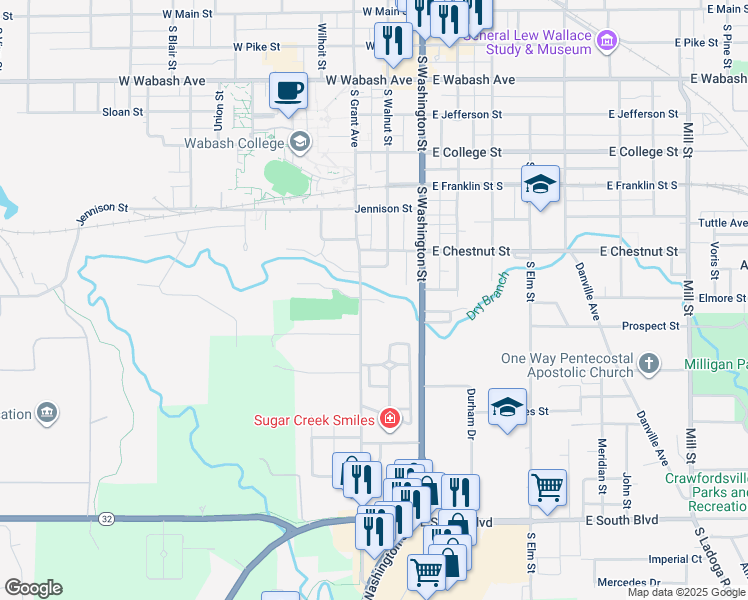 map of restaurants, bars, coffee shops, grocery stores, and more near 900 South Grant Avenue in Crawfordsville