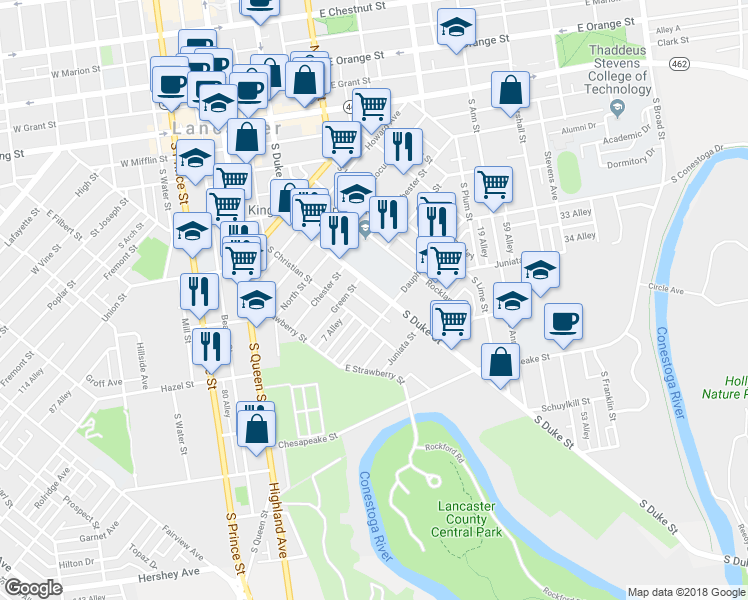 map of restaurants, bars, coffee shops, grocery stores, and more near 556 South Duke Street in Lancaster