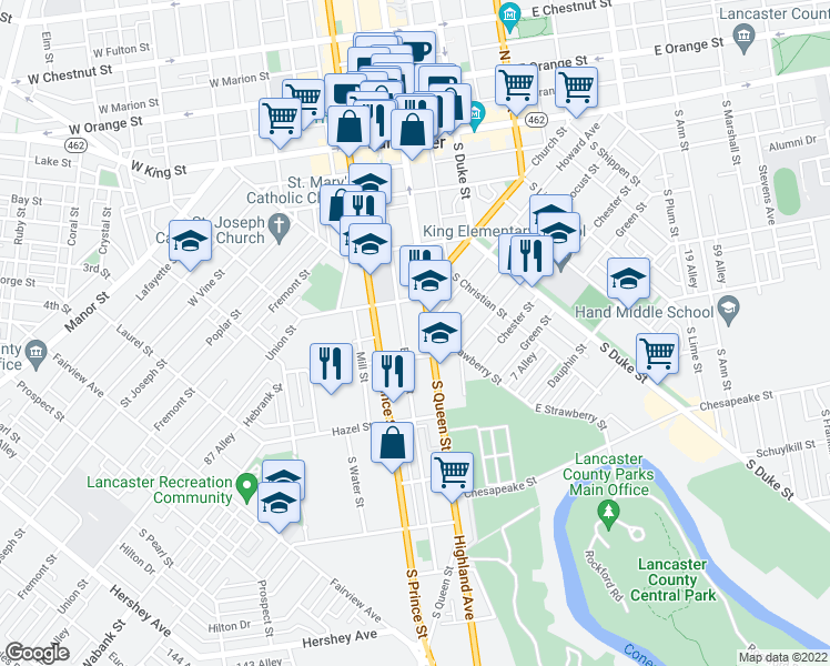 map of restaurants, bars, coffee shops, grocery stores, and more near 342 South Queen Street in Lancaster