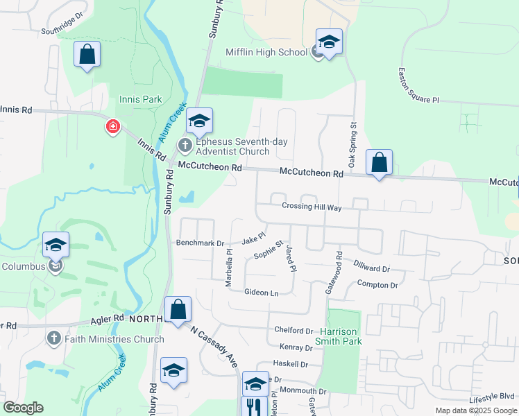 map of restaurants, bars, coffee shops, grocery stores, and more near 3155 Crossing Hill Way in Columbus