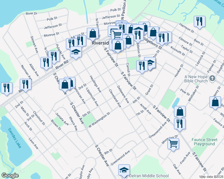 map of restaurants, bars, coffee shops, grocery stores, and more near 407 Cleveland Avenue in Riverside