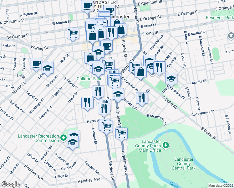 map of restaurants, bars, coffee shops, grocery stores, and more near 343 South Queen Street in Lancaster