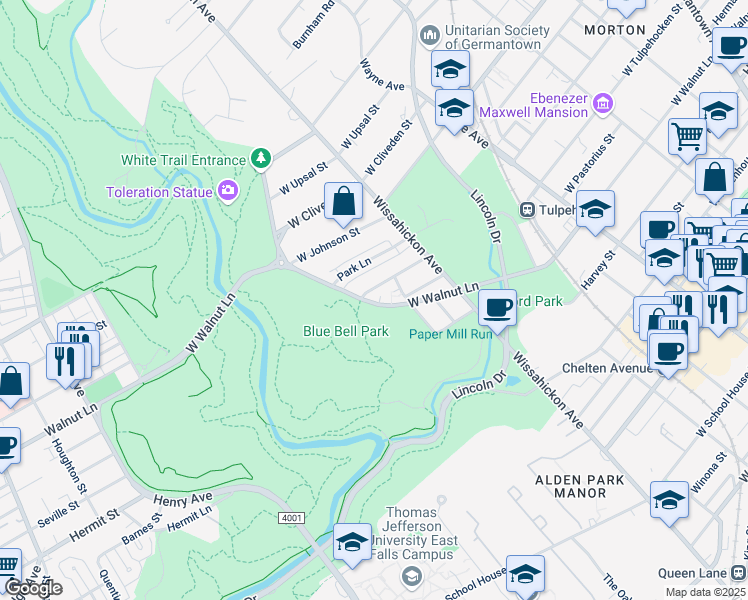 map of restaurants, bars, coffee shops, grocery stores, and more near 691 West Walnut Lane in Philadelphia