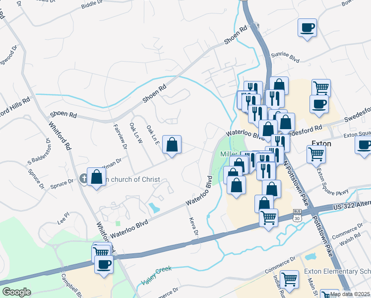 map of restaurants, bars, coffee shops, grocery stores, and more near 154 Rosetree Lane in Exton