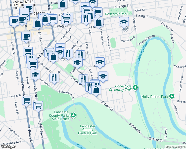 map of restaurants, bars, coffee shops, grocery stores, and more near 758 South Lime Street in Lancaster